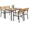 Wood and Black Outdoor Patio Dining Set with Table Two Chairs and Bench Cushioned Seats Durable Metal Frame